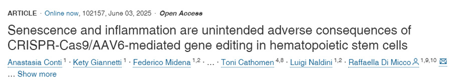 衰老與炎癥是CRISPR-Cas9/AAV6介導的造血干細胞基因編輯中非預期的有害后果