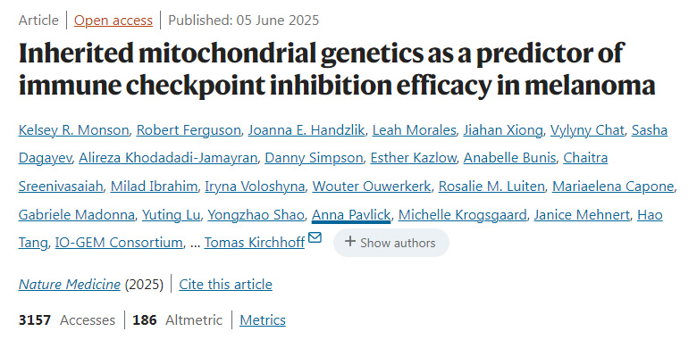遺傳性線粒體基因特征作為黑色素瘤免疫檢查點(diǎn)抑制劑療效的預(yù)測(cè)因子