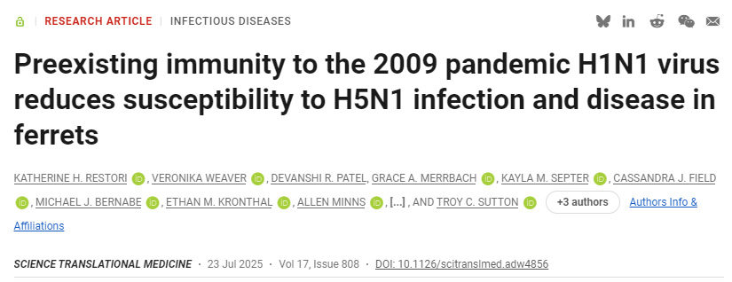 針對2009年甲型H1N1流感病毒的預存免疫力可減弱雪貂對H5N1感染的易感性及發病風險 針對2009年甲型H1N1流感病毒的預存免疫力可減弱雪貂對H5N1感染的易感性及發病風險