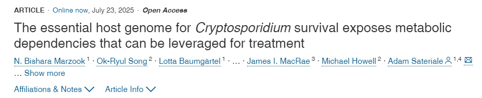 揭示隱孢子蟲生存必需的宿主基因組,暴露可用于治療的代謝依賴性 揭示隱孢子蟲生存必需的宿主基因組,暴露可用于治療的代謝依賴性