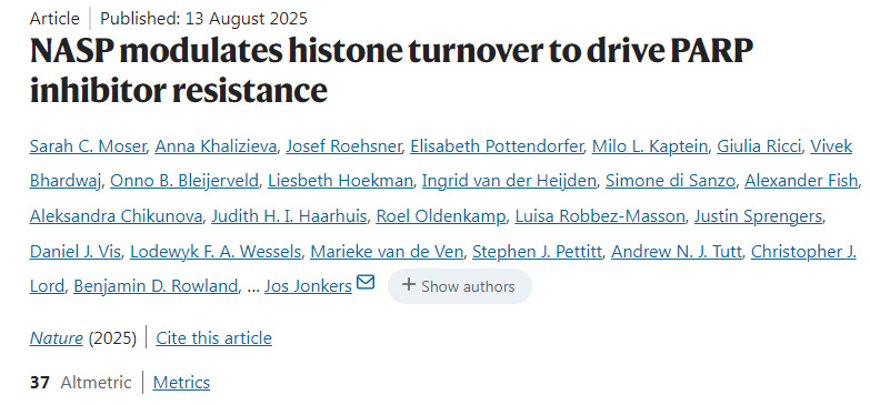 NASP通過調控組蛋白更新驅動PARP抑制劑耐藥性的產生 NASP通過調控組蛋白更新驅動PARP抑制劑耐藥性的產生