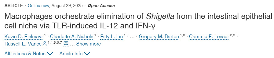 巨噬細胞通過Toll樣受體誘導的白細胞介素12與γ干擾素，協(xié)調(diào)清除腸上皮細胞微環(huán)境中的志賀氏菌