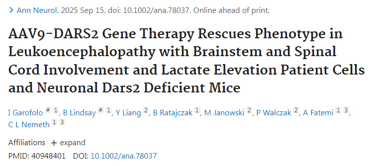 AAV9-DARS2基因療法挽救伴腦干脊髓受累及乳酸升高的腦白質營養不良患者細胞與神經元Dars2缺陷小鼠的表型 AAV9-DARS2基因療法挽救伴腦干脊髓受累及乳酸升高的腦白質營養不良患者細胞與神經元Dars2缺陷小鼠的表型