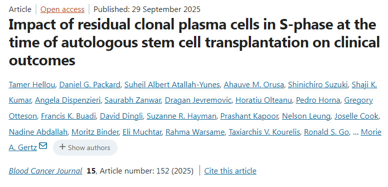 自體干細胞移植時處于S期的殘余克隆性漿細胞對臨床結局的影響 自體干細胞移植時處于S期的殘余克隆性漿細胞對臨床結局的影響