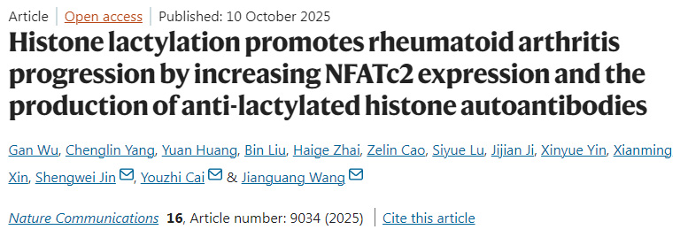 組蛋白乳酸化通過增加NFATc2表達及抗乳酸化組蛋白自身抗體產生促進類風濕關節炎進展 組蛋白乳酸化通過增加NFATc2表達及抗乳酸化組蛋白自身抗體產生促進類風濕關節炎進展